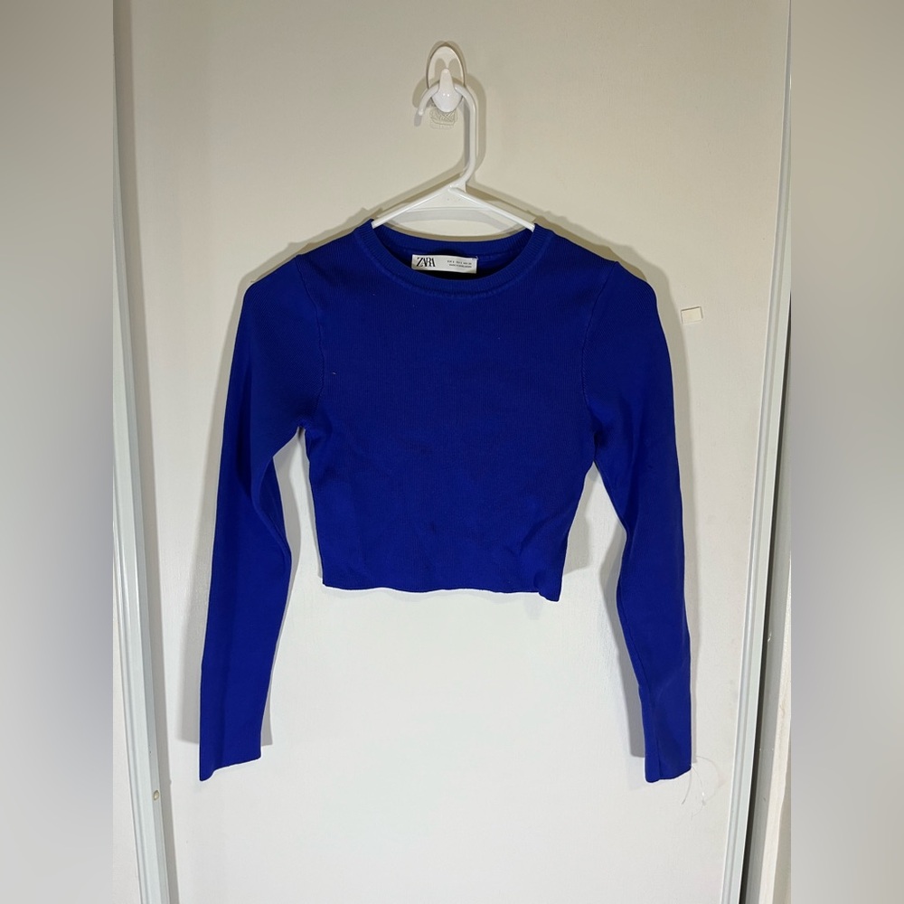 Zara Shirt Size S Womens Long Sleeve Stretch Blue Crop